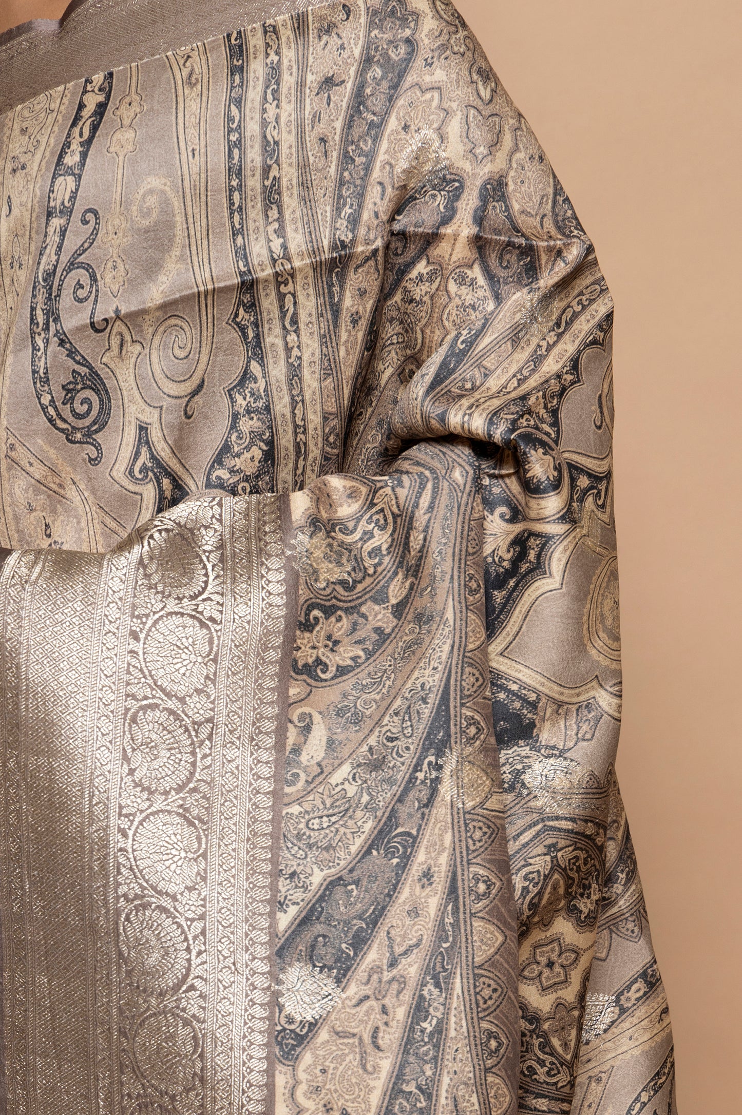 Tussar Floral Printed Grey Saree