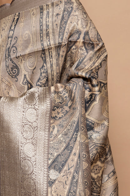 Tussar Floral Printed Grey Saree