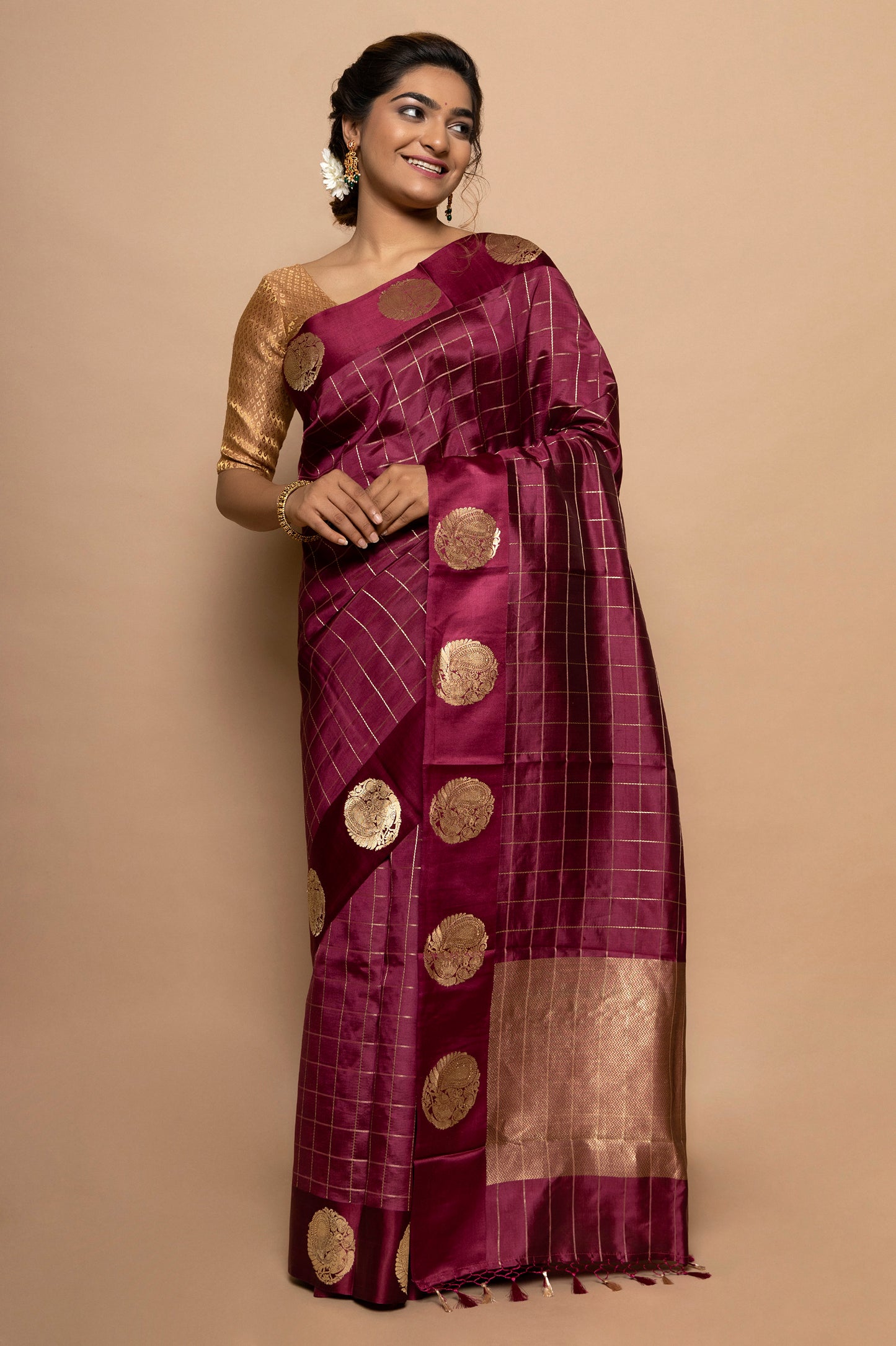 Banarasi Silk Katan Checks Purple Saree