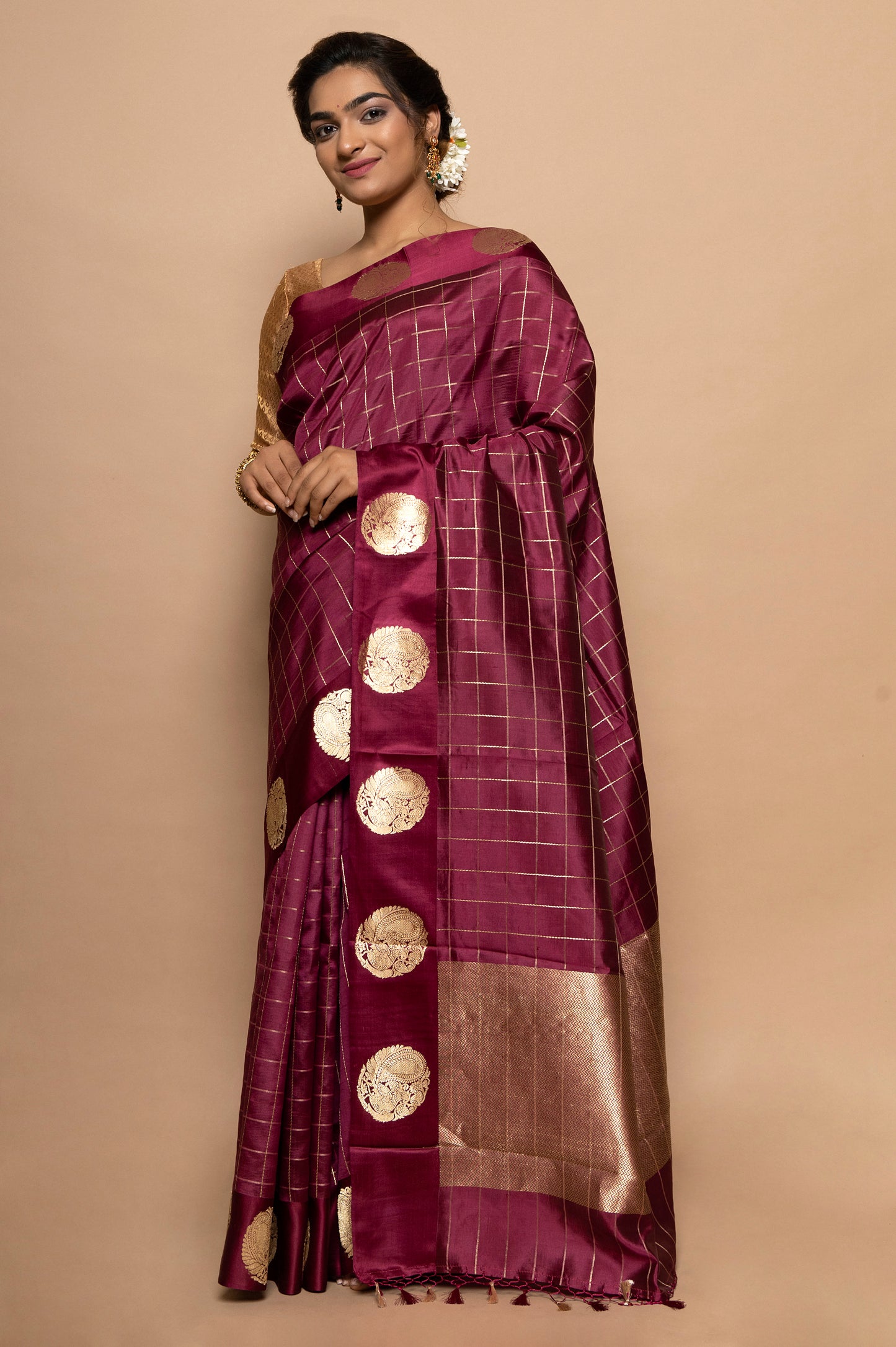 Banarasi Silk Katan Checks Purple Saree