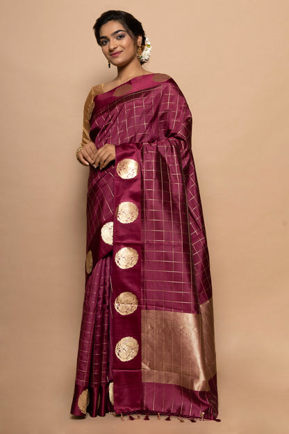 Banarasi Silk Katan Checks Purple Saree