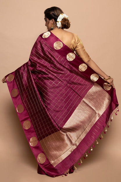 Banarasi Silk Katan Checks Purple Saree