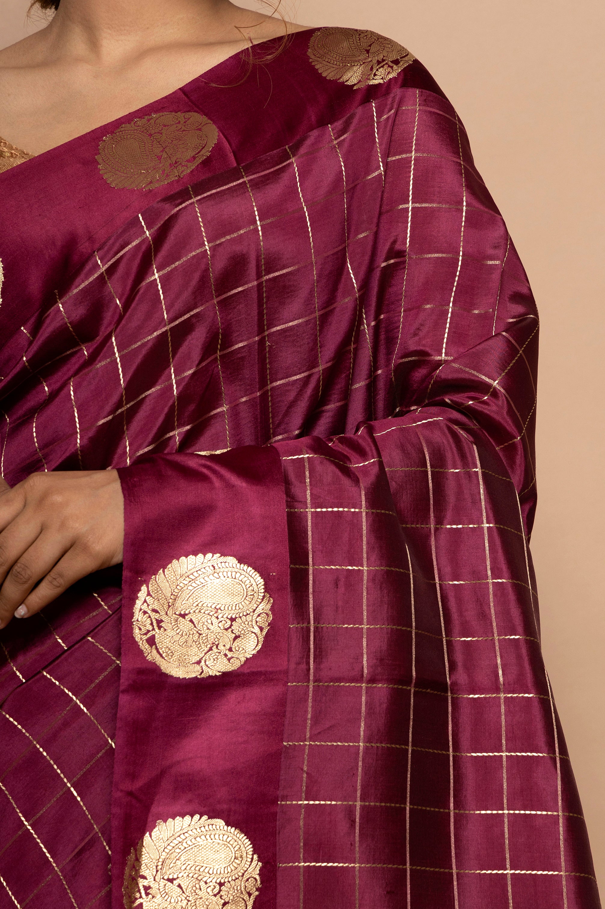 Banarasi Silk Katan Checks Purple Saree