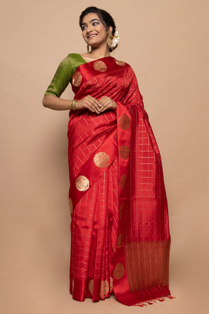 Banarasi Silk Katan Checks Red Saree