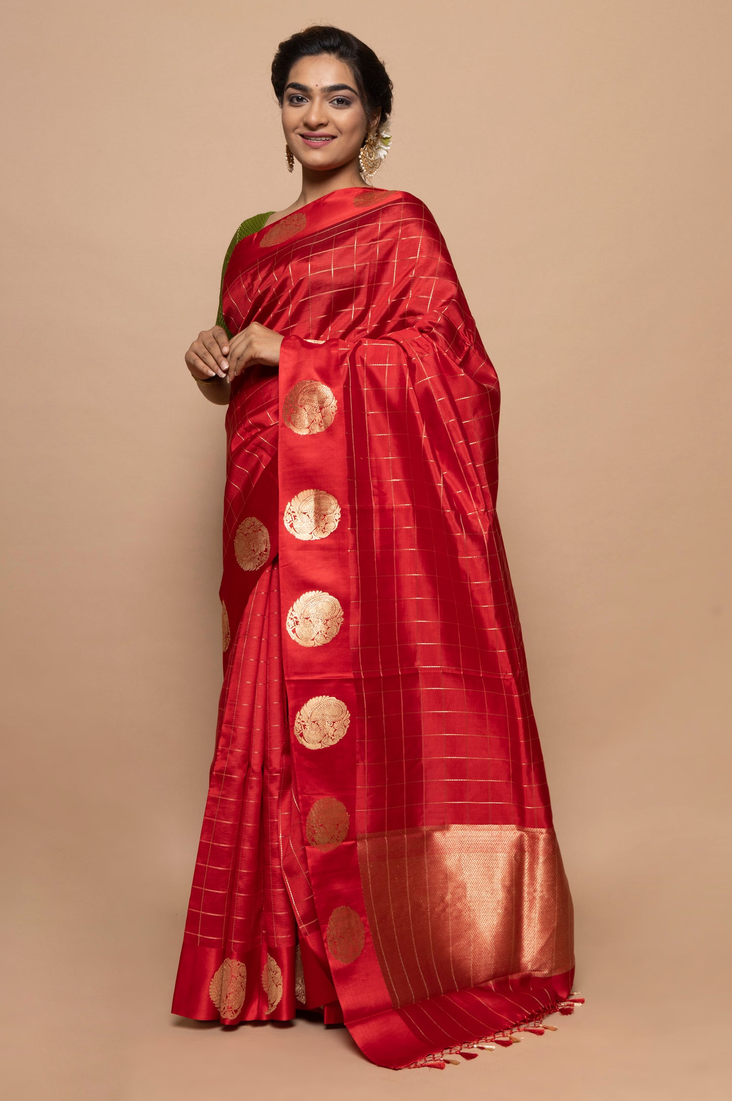Banarasi Silk Katan Checks Red Saree