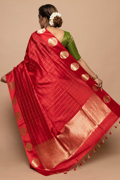 Banarasi Silk Katan Checks Red Saree