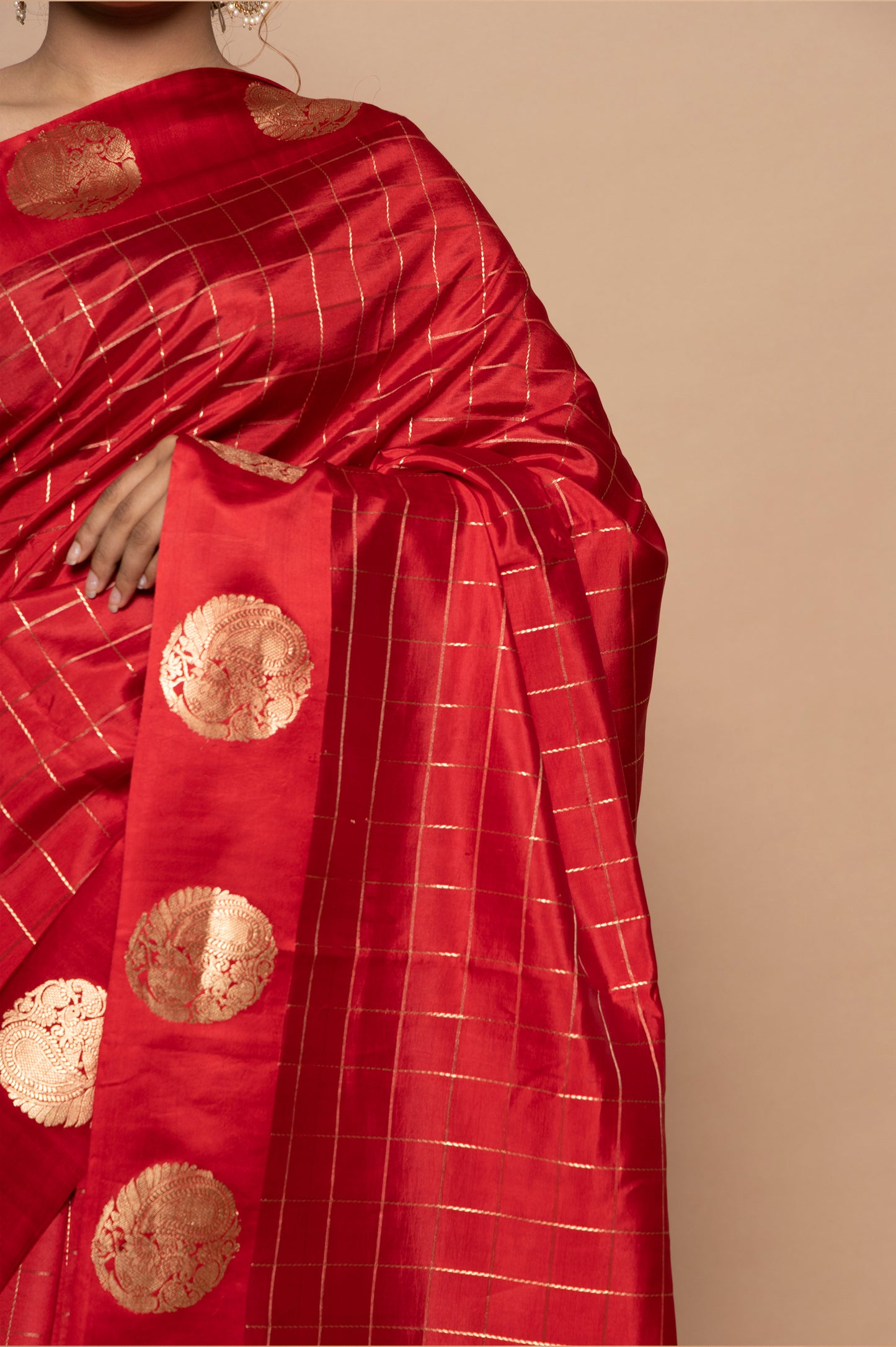 Banarasi Silk Katan Checks Red Saree