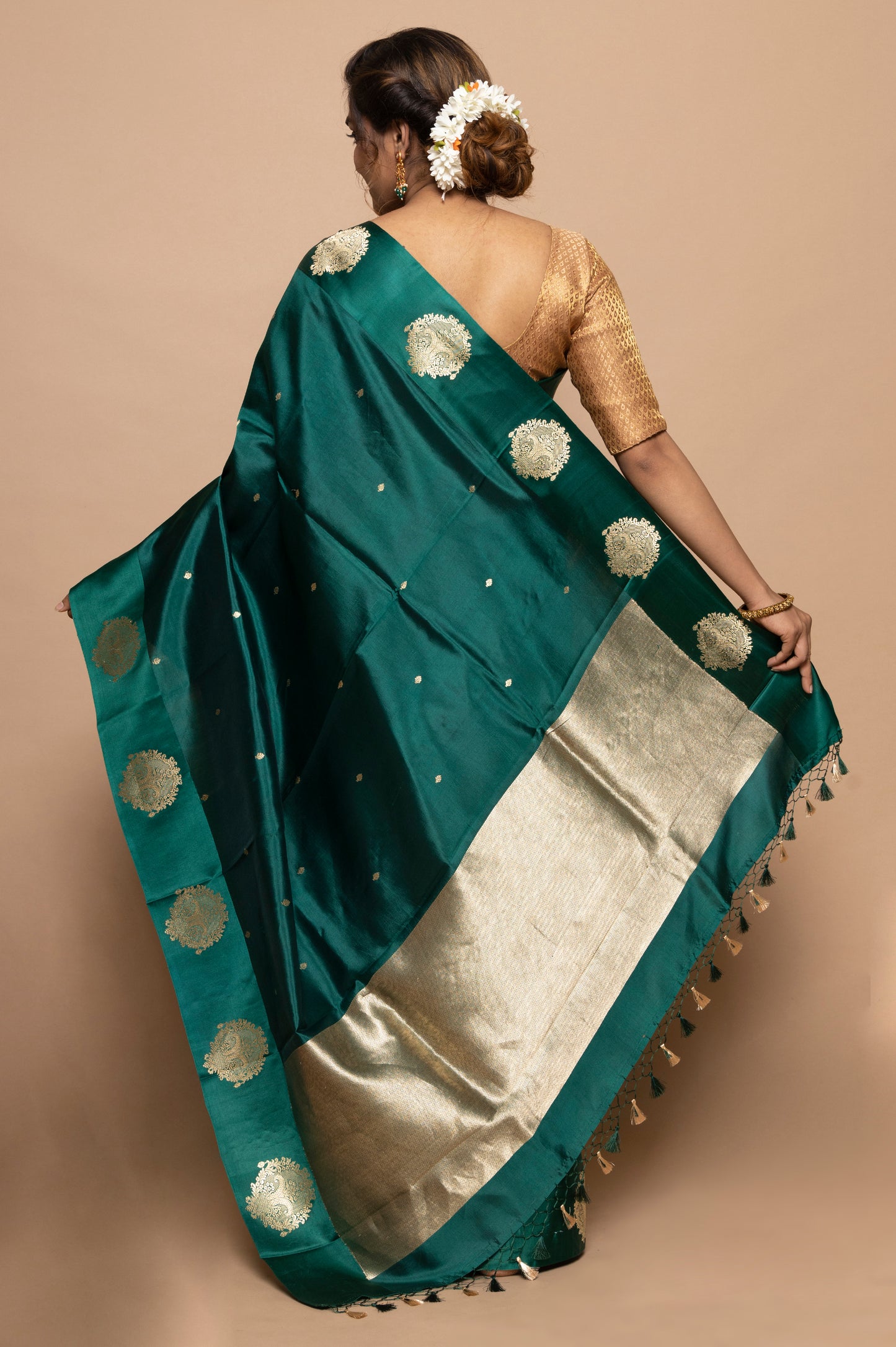 Banarasi Silk Katan Butta Bottle Green Saree