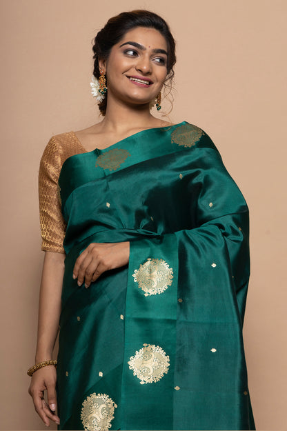 Banarasi Silk Katan Butta Bottle Green Saree
