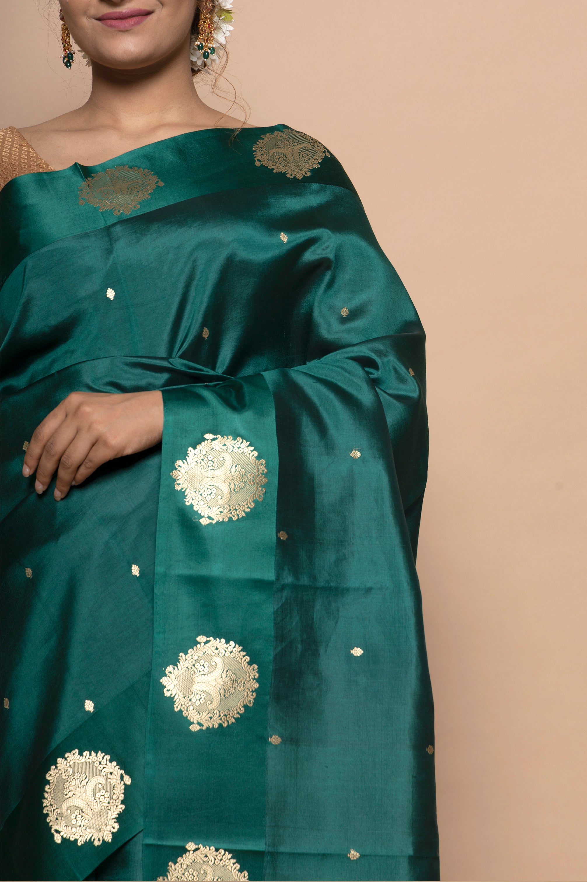 Banarasi Silk Katan Butta Bottle Green Saree