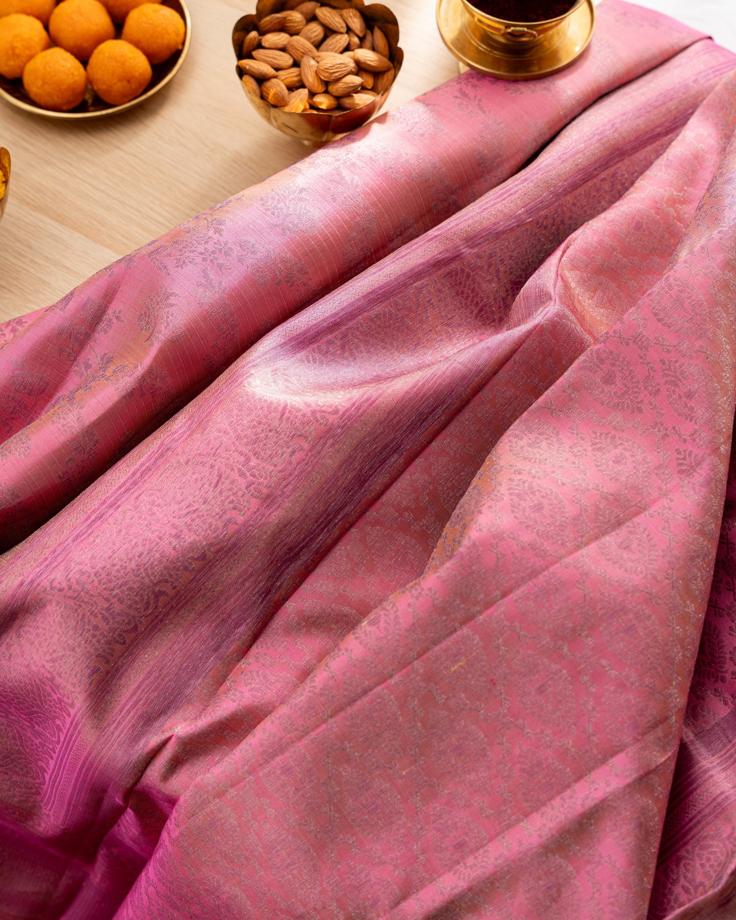 Taranga Kanchi Silk Antique Zari Floral Jaal Pink Saree With Rakhi and Gift Box