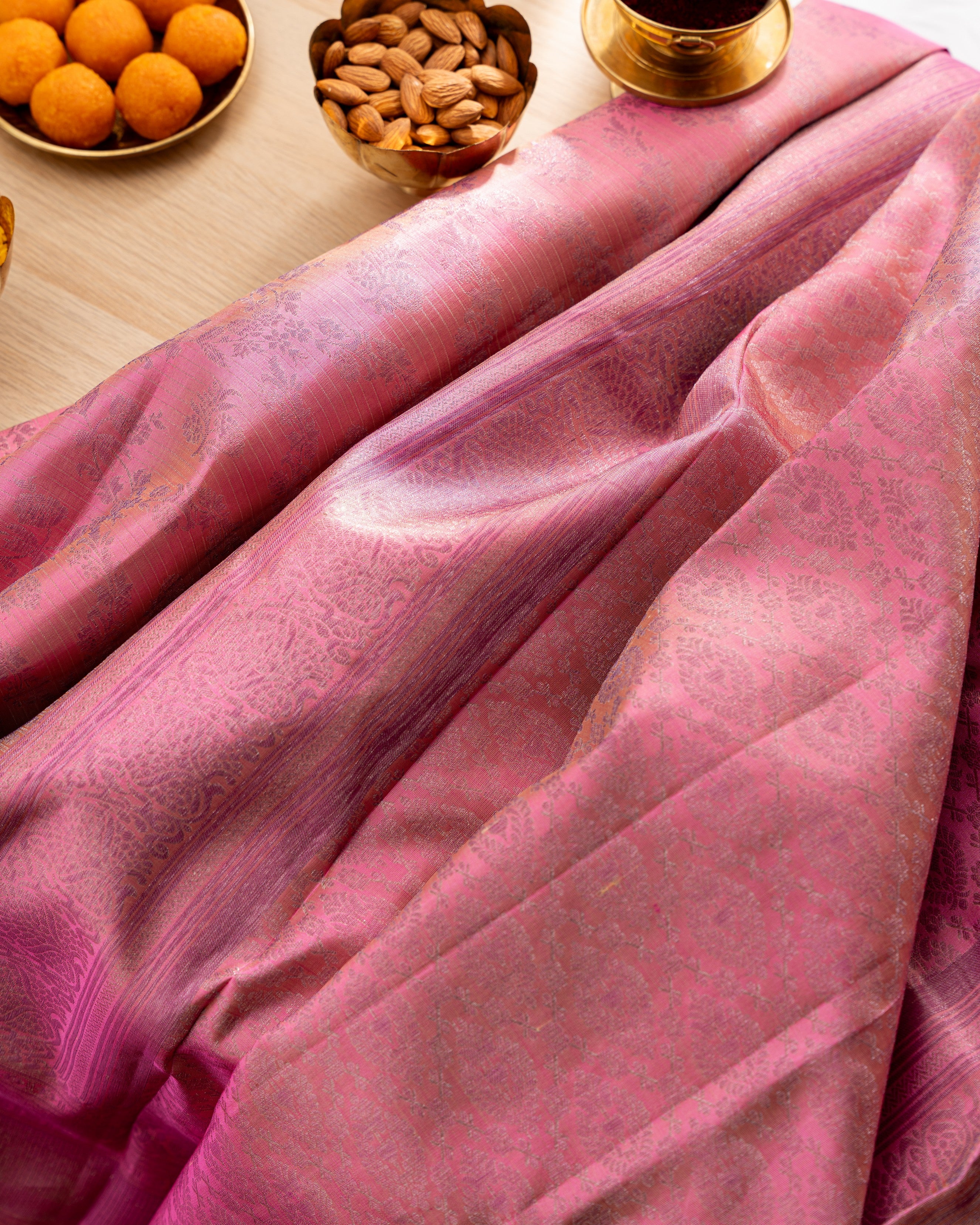 Taranga Kanchi Silk Antique Zari Floral Jaal Pink Saree With Rakhi and Gift Box