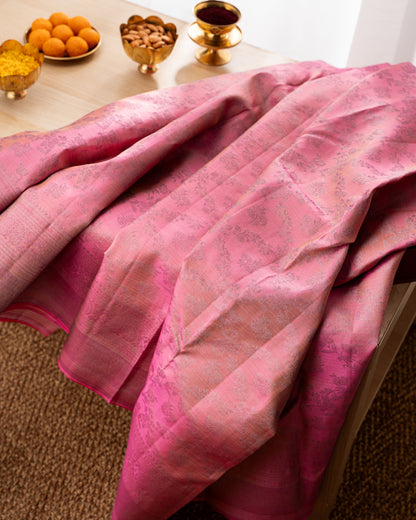 Taranga Kanchi Silk Antique Zari Floral Jaal Pink Saree With Rakhi and Gift Box