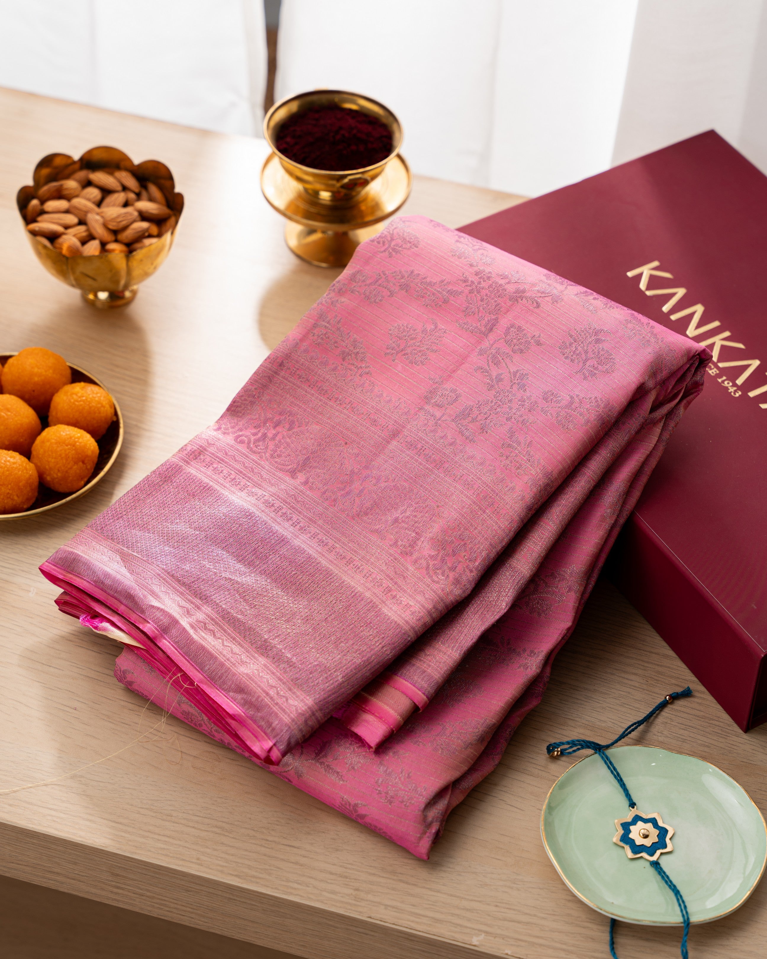 Taranga Kanchi Silk Antique Zari Floral Jaal Pink Saree With Rakhi and Gift Box