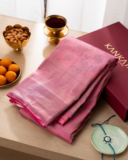Taranga Kanchi Silk Antique Zari Floral Jaal Pink Saree With Rakhi and Gift Box