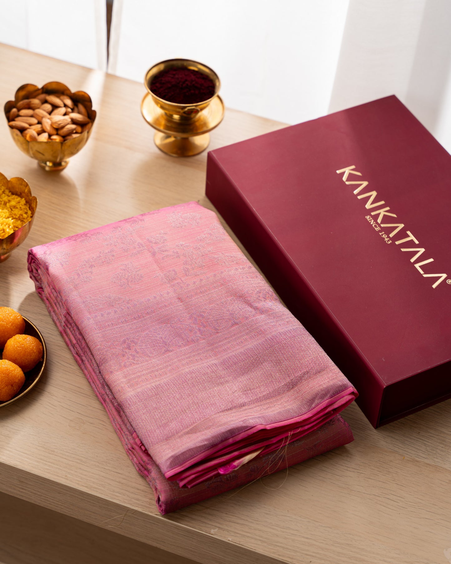 Taranga Kanchi Silk Antique Zari Floral Jaal Pink Saree With Rakhi and Gift Box