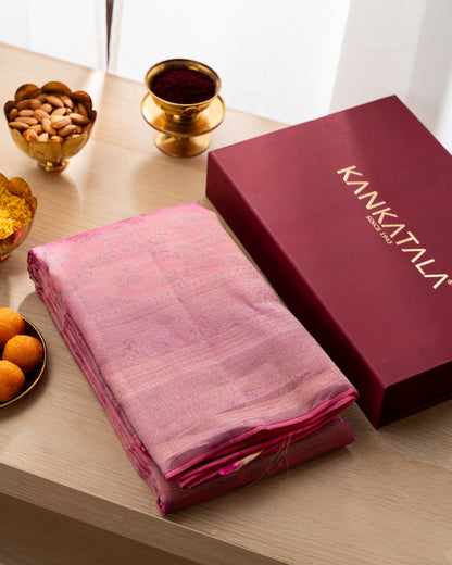 Taranga Kanchi Silk Antique Zari Floral Jaal Pink Saree With Rakhi and Gift Box