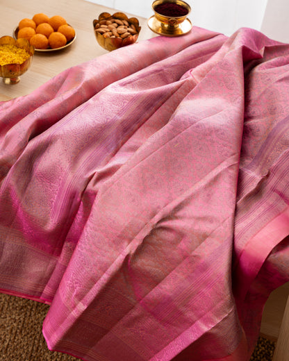 Taranga Kanchi Silk Antique Zari Floral Jaal Pink Saree With Rakhi and Gift Box