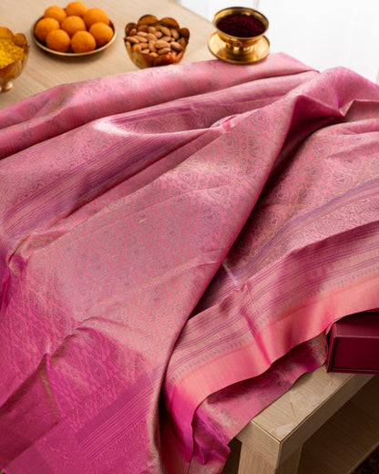 Taranga Kanchi Silk Antique Zari Floral Jaal Pink Saree With Rakhi and Gift Box