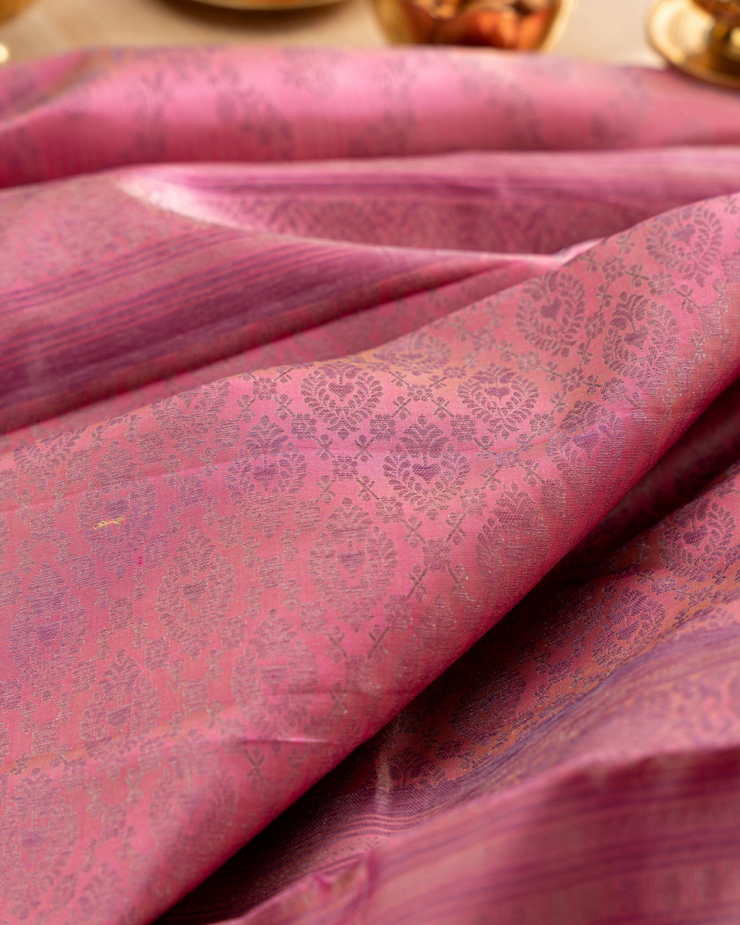 Taranga Kanchi Silk Antique Zari Floral Jaal Pink Saree With Rakhi and Gift Box