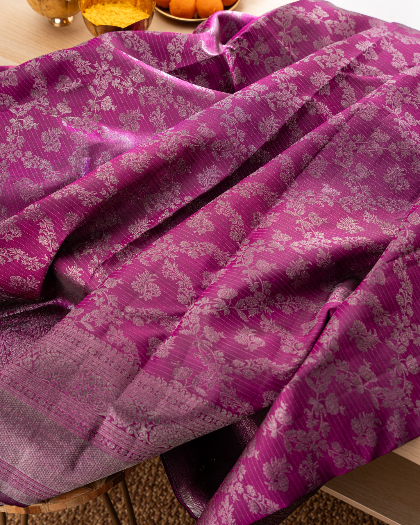 Taranga Kanchi Silk Antique Zari Floral Jaal Purple Saree