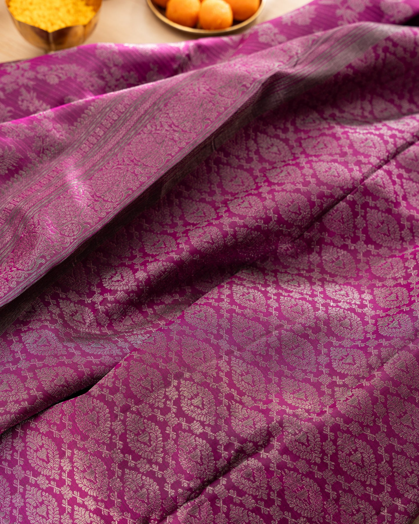 Taranga Kanchi Silk Antique Zari Floral Jaal Purple Saree