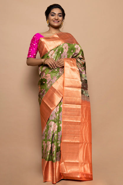 Taranga Kanchi Silk Floral Printed Green Saree