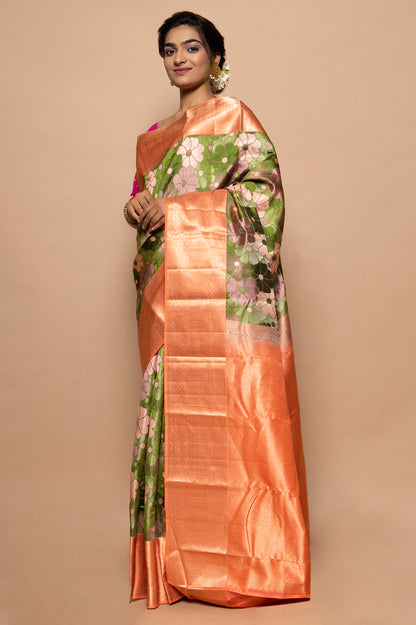 Taranga Kanchi Silk Floral Printed Green Saree