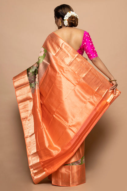 Taranga Kanchi Silk Floral Printed Green Saree