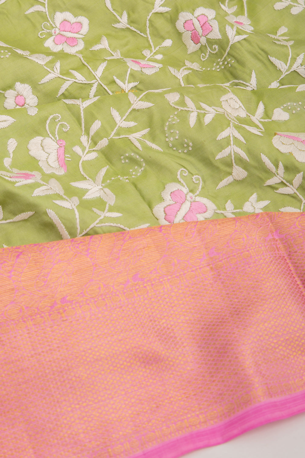 Parsi Gara Kanchipuram Silk Embroidery Green Saree