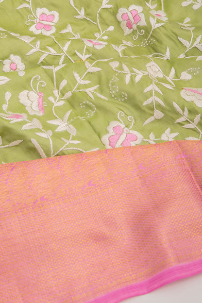 Parsi Gara Kanchipuram Silk Embroidery Green Saree