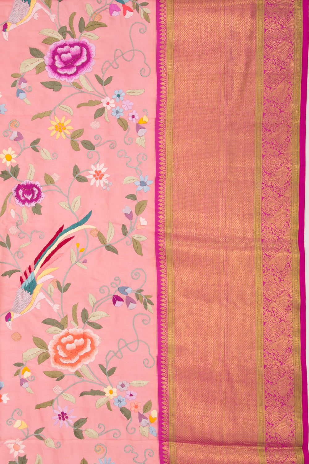 Parsi Gara Kanchipuram Silk Embroidery Baby Pink Saree