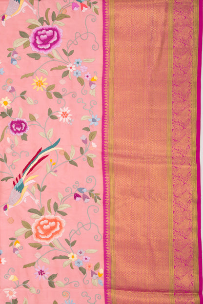Parsi Gara Kanchipuram Silk Embroidery Baby Pink Saree