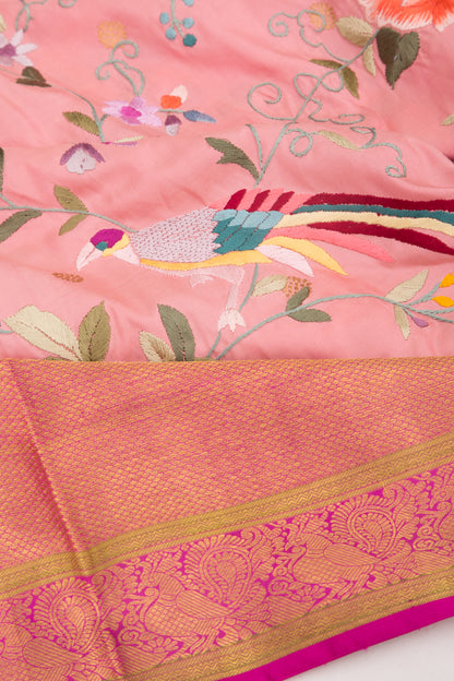 Parsi Gara Kanchipuram Silk Embroidery Baby Pink Saree
