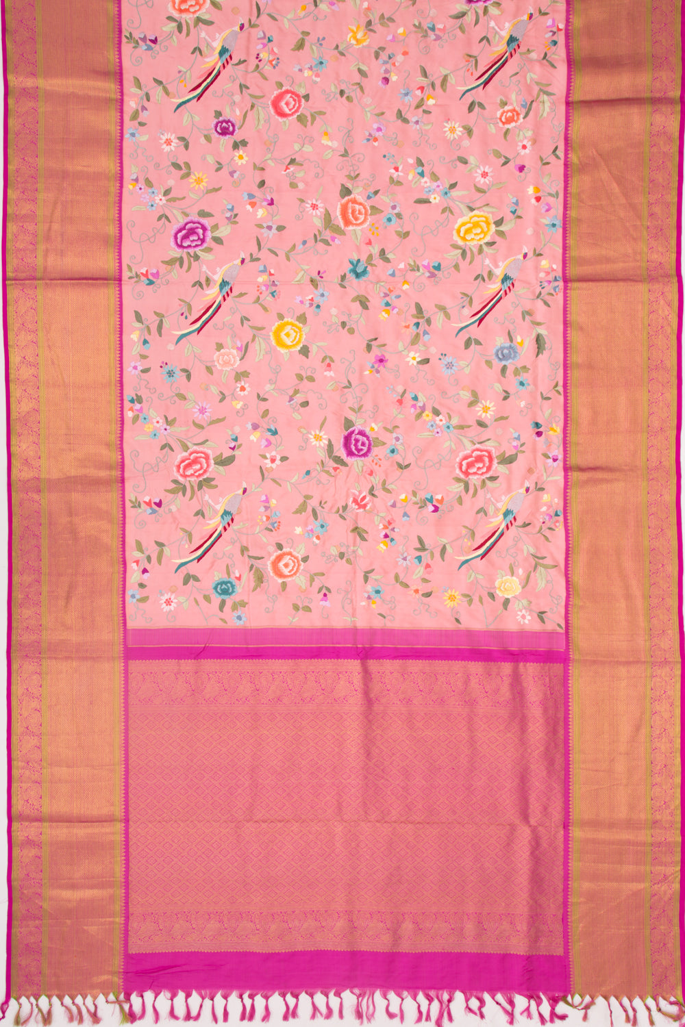 Parsi Gara Kanchipuram Silk Embroidery Baby Pink Saree