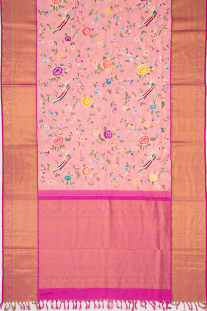 Parsi Gara Kanchipuram Silk Embroidery Baby Pink Saree
