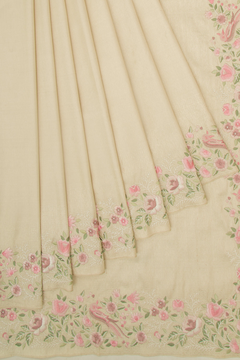 Kanchipuram Silk Floral Embroidery Cream Saree