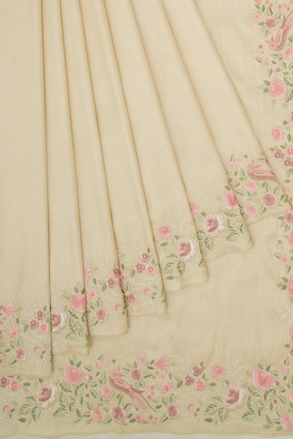 Kanchipuram Silk Floral Embroidery Cream Saree