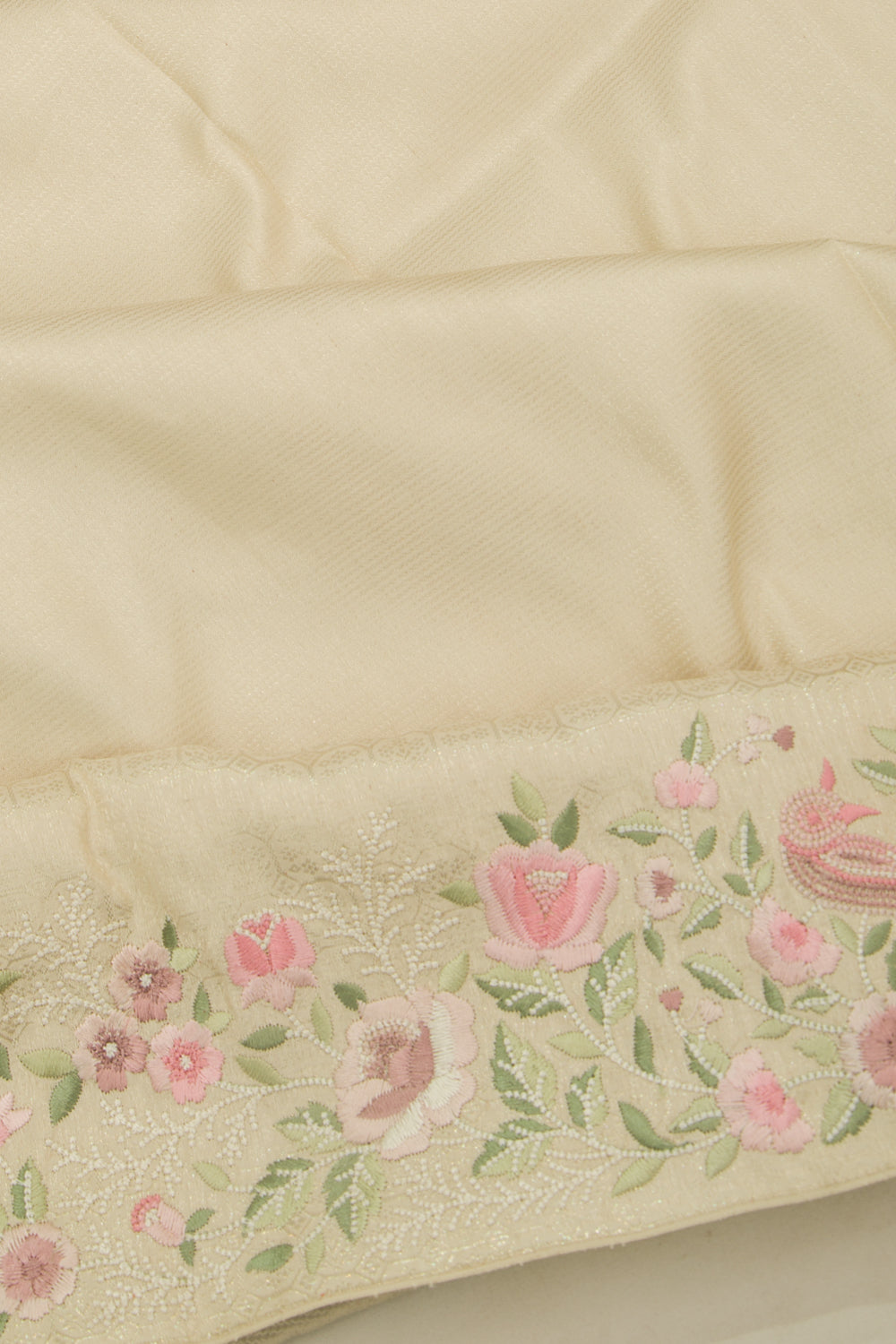 Kanchipuram Silk Floral Embroidery Cream Saree