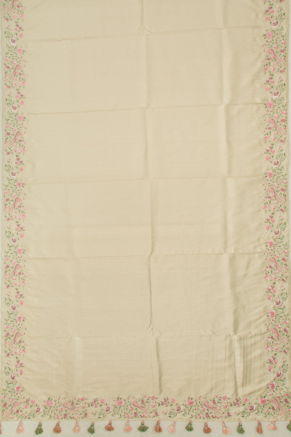 Kanchipuram Silk Floral Embroidery Cream Saree