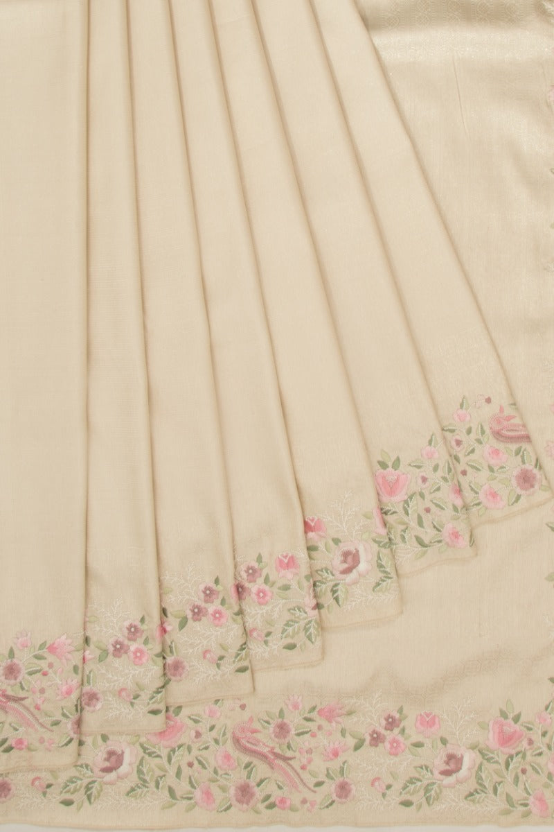 Kanchipuram Silk Floral Embroidery Cream Saree