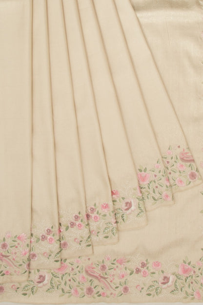 Kanchipuram Silk Floral Embroidery Cream Saree