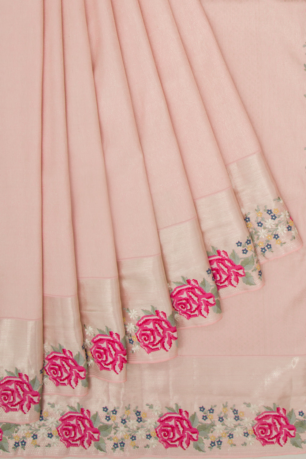 Kanchipuram Silk Floral Embroidery Border Pink Saree