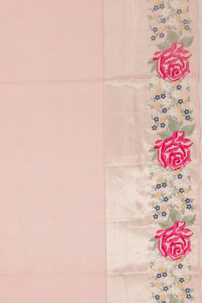 Kanchipuram Silk Floral Embroidery Border Pink Saree