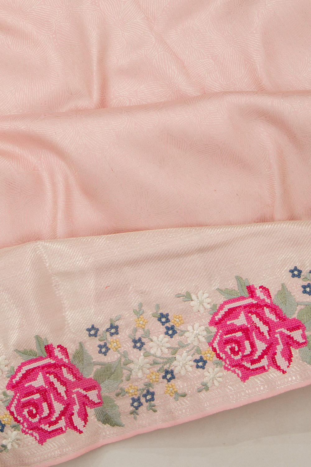Kanchipuram Silk Floral Embroidery Border Pink Saree