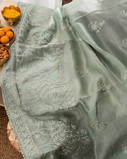 Organza Floral Embroidery Saga Green  Saree