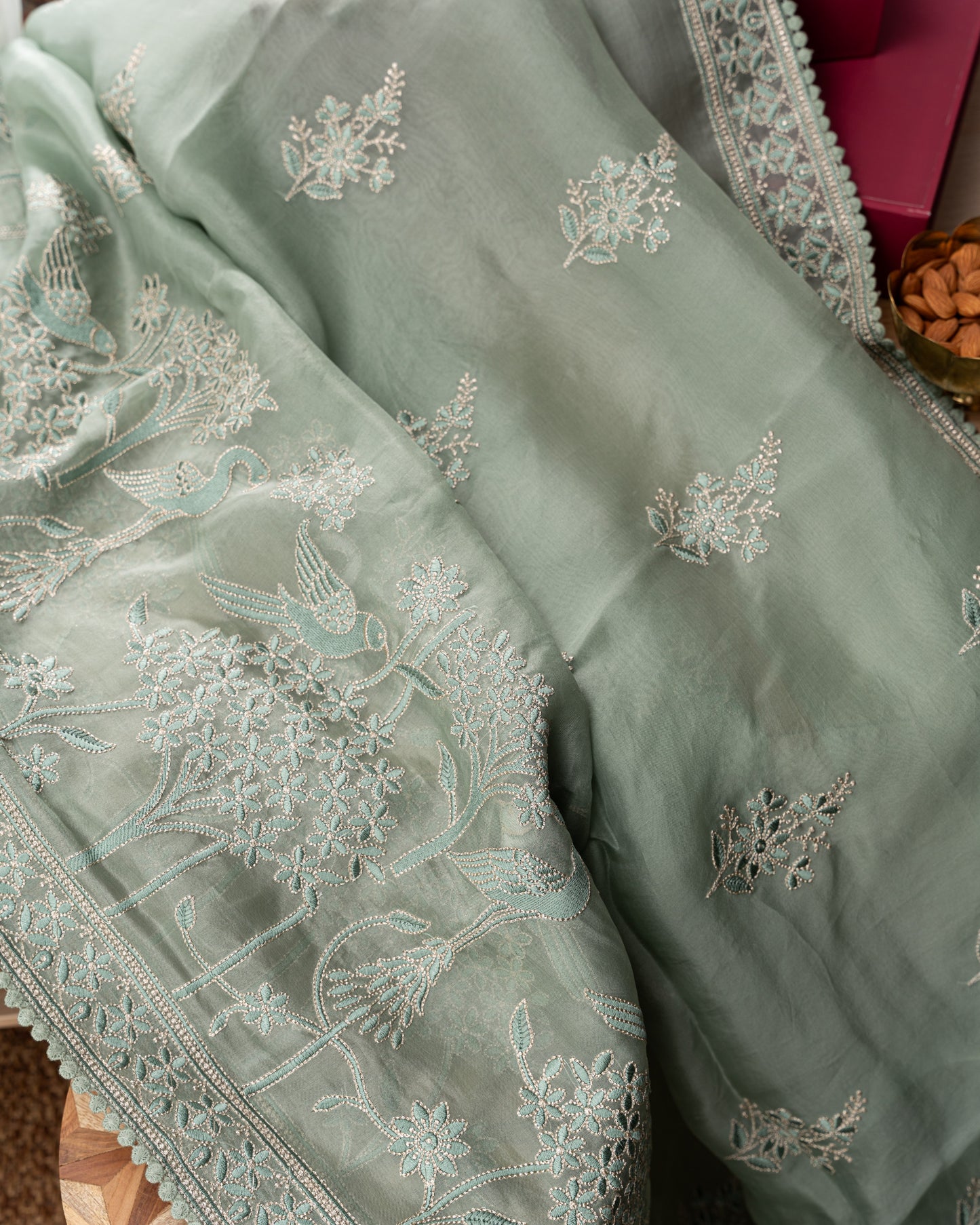 Organza Floral Embroidery Saga Green  Saree