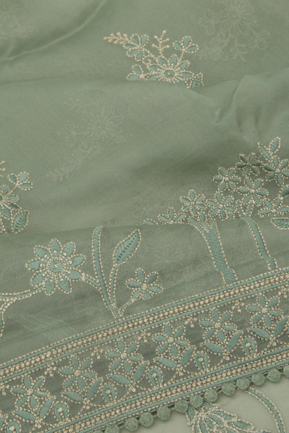 Organza Floral Embroidery Saga Green  Saree