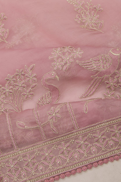 Organza Floral Embroidery Butta Baby Pink Saree