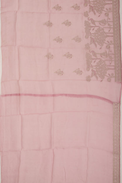 Organza Floral Embroidery Butta Baby Pink Saree